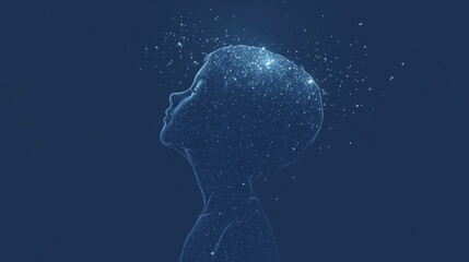 Child silhouette with stars in head, concept of imagination, dreams and universe, dark blue background