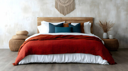 Stylish modern bedroom featuring a cozy bed with decorative pillows and a macrame wall hanging.