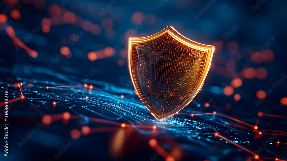 Aufkleber stylized shield graphic symbolizing cybersecurity on a digital background with network lines.