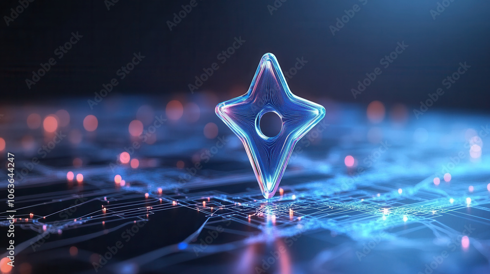 Poster 3d star shaped map marker glowing in digital landscape, symbolizing navigation and technology. vibra