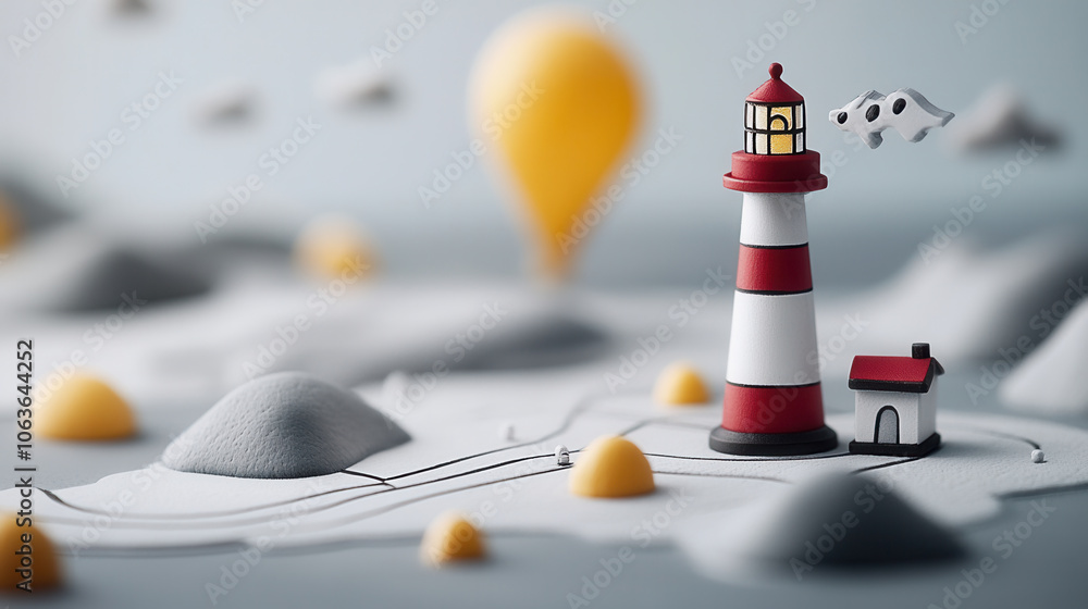 Poster colorful lighthouse stands on whimsical 3d map, surrounded by playful hills and floating balloons, c
