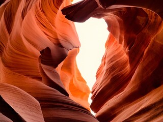Amazing red colours of the sandstone rocks in Antelope Canyon in Page, Arizona