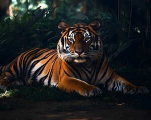 Obraz premium Regal Tiger Resting in Jungle Clearing Its Striking Stripes Blending into the Shadows