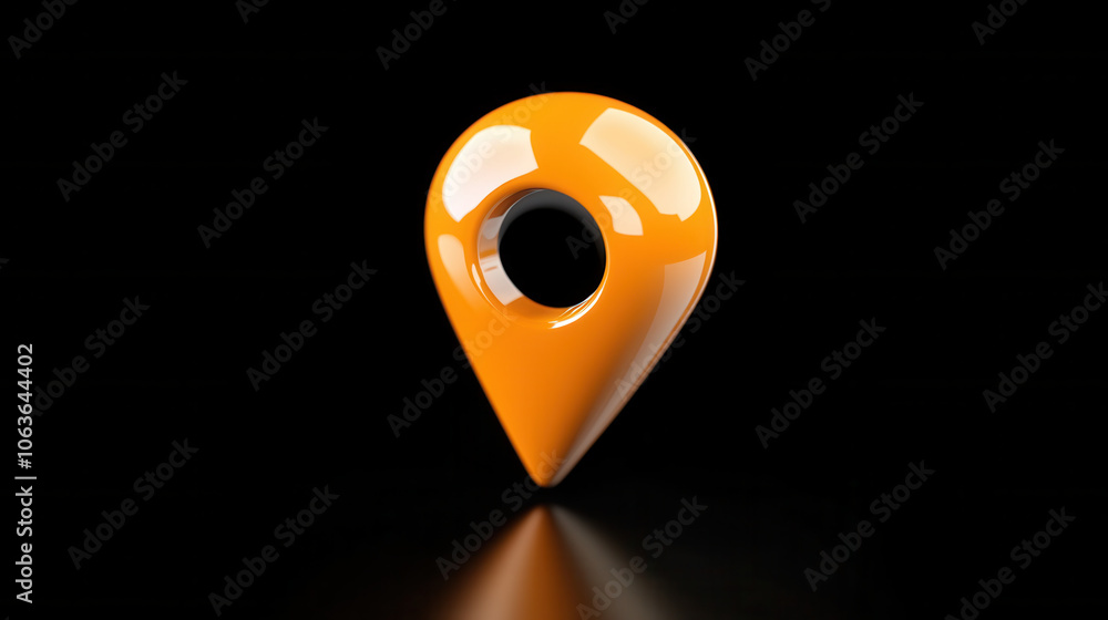 Poster glossy orange location marker icon on black background, symbolizing navigation and mapping. this vib