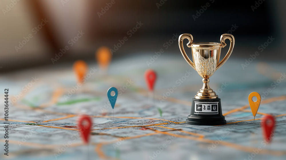 Poster trophy shaped 3d map marker stands prominently on detailed map, symbolizing achievement and explorat