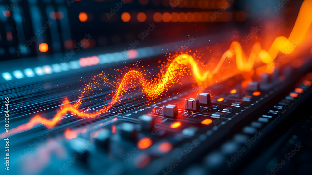 Poster vibrant audio waveform on a sound mixing console, showcasing dynamic sound expression.