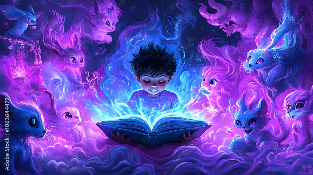 Poster lifestyle photo of a child reading a 3d book surrounded by 2d illustrated characters, creating a sce