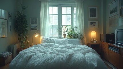 messy white bedding scattered in a modern bedroom with soft light streaming through a window creating a cozy yet chaotic atmosphere showcasing contemporary design and comfort