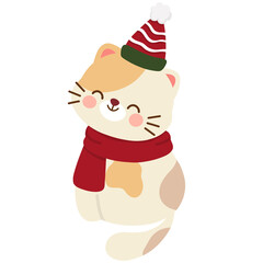 Cute Smiling Christmas Cat with Hat and Scarf Illustration