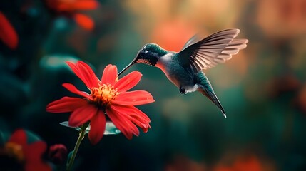 Fototapeta premium Tiny Hummingbird Hovering Over Bright Red Flower Consuming Nectar With Blurred Wings