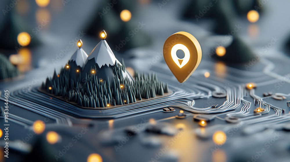 Poster 3d map marker with nature theme featuring mountains and trees, illuminated by soft lights, creating 