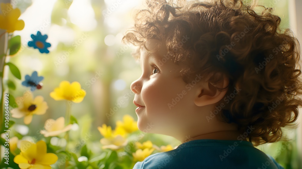 Poster candid photo of a child exploring a 3d garden with 2d bugs and plants around, creating a blend of le