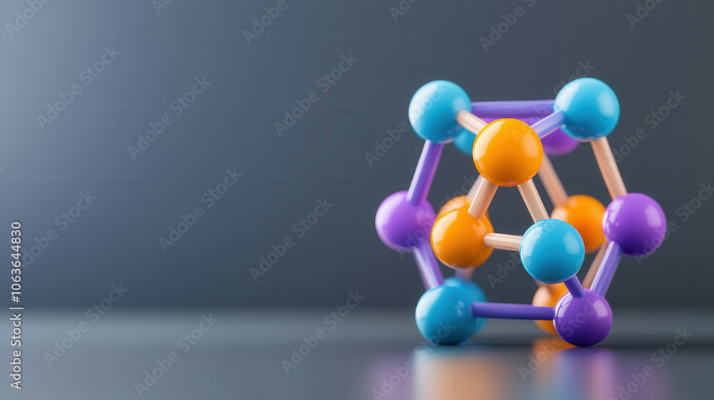 Poster 3d atomic structure model with colorful spheres representing atoms, showcasing scientific concept in