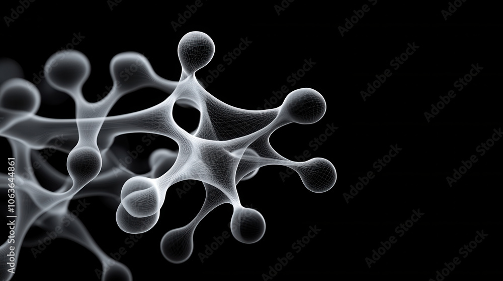 Poster 3d atomic structure with interconnected nodes and lines, showcasing molecular design against black b