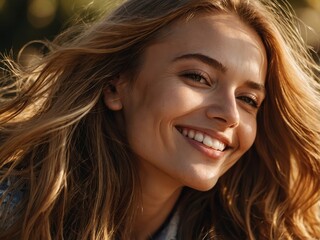 A captivating close-up of a woman's face highlighting her striking eyes and luscious lips, radiating warmth and charm against a softly blurred background