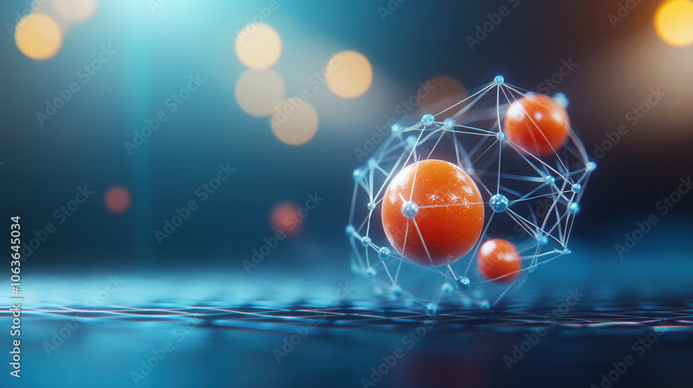 Poster 3d atomic structure with orange spheres connected by network of lines, representing crystal lattice.