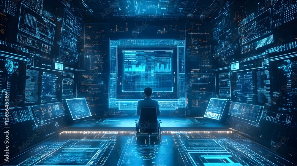 Aufkleber candid photo of a person working in a lab with 2d data visualizations floating around a 3d experimen