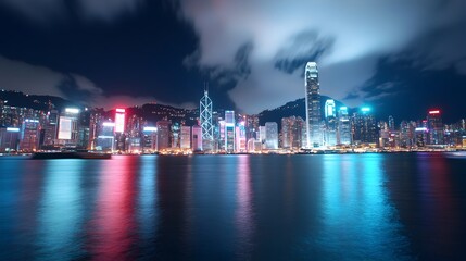 A Breathtaking Nighttime Cityscape with Towering Skyscrapers and Dazzling Lights Reflected in the Serene Waters of an Urban Landscape Creating a Mesmerizing and Alluring Panoramic Vista