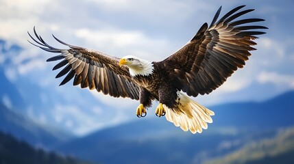 Obraz premium Majestic Bald Eagle Soaring High in the Sky with Outstretched Wings Symbol of Freedom and Vision