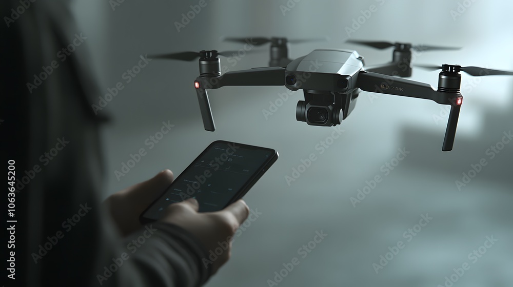 Poster lifestyle photo of a person holding a smartphone with 2d interface controls for a 3d drone flying ne