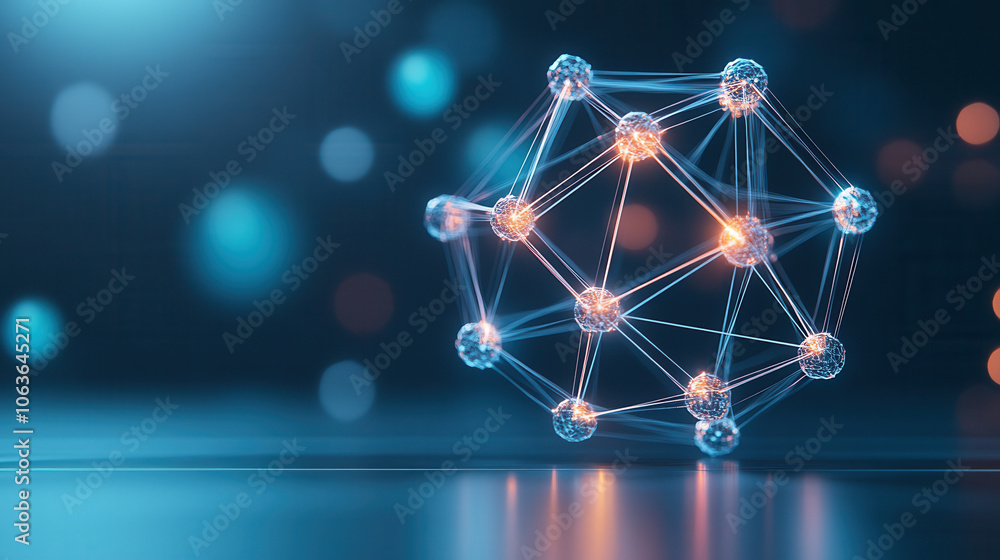Poster crystal lattice atomic structure with glowing nodes and connections, showcasing futuristic design. v