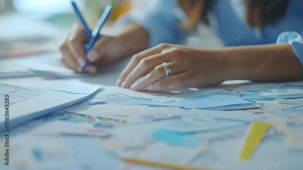 Poster Lifestyle photo of a person sitting at a desk with 2D digital sketches and 3D printed prototypes, blending creative ideas with real-world application, 4k resolution
