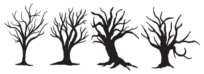 Set of winter trees without leaves silhouettes collection. Naked tree isolated on white background. Vector black bare tree, dead tree branch. Dry tree branches, tree roots, lonely  leafless tree.