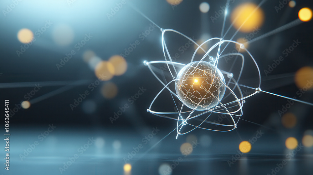 Poster detailed atomic structure with glowing particles and connections, representing scientific concepts a