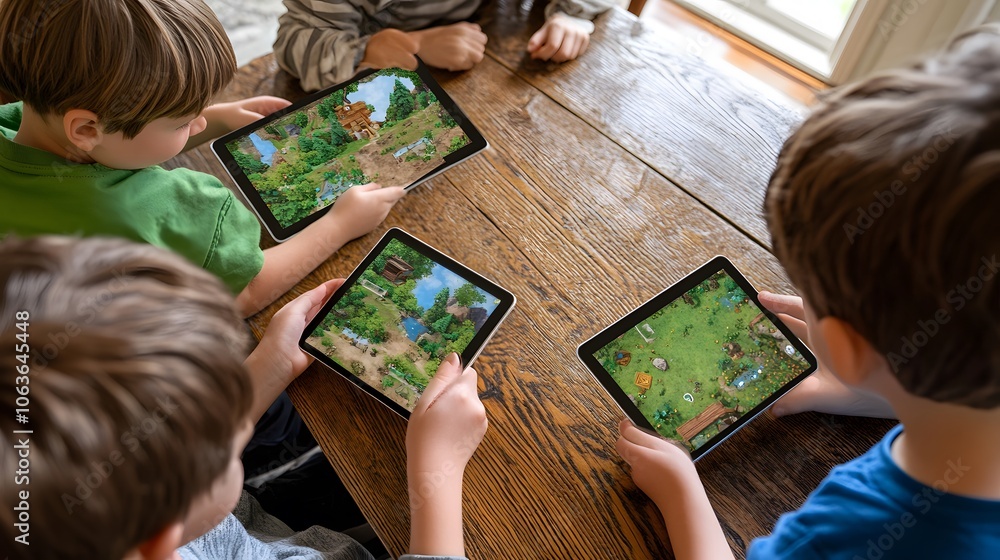 Poster Candid photo of students using tablets to manipulate 2D variables in a 3D ecosystem model, blending interactive learning with real-world application, 4k resolution