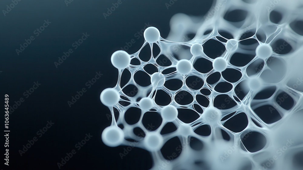 Poster close up view of crystal lattice atomic structure showcasing interconnected spheres and bonds, illus