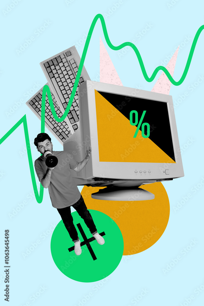 Poster composite trend artwork sketch image photo collage of graphics stats student computer monitor keyboa