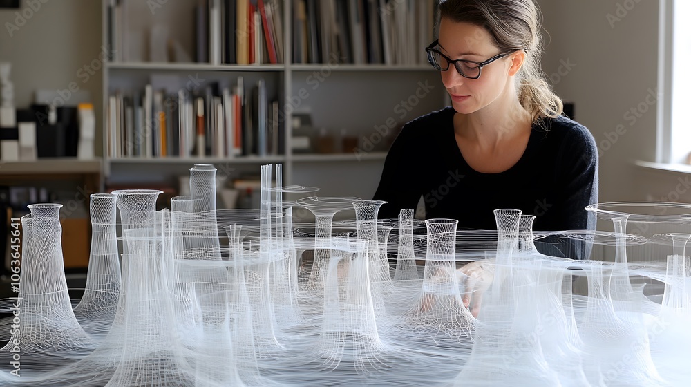 Poster candid photo of an artist working on a 3d sculpture with 2d design overlays providing guidance, blen