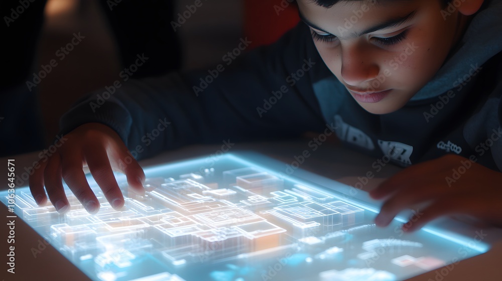 Fototapete Candid photo of a student working on a 3D engineering model with 2D calculation tools displayed on a holographic screen, blending learning with innovation, 4k resolution
