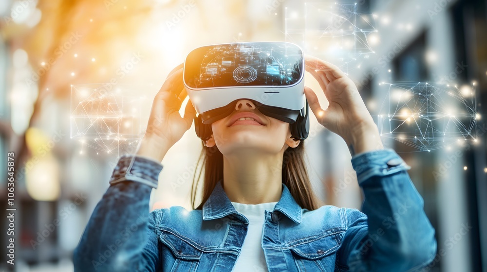 Aufkleber Candid photo of a person using a VR headset to interact with a 3D AI environment, with 2D control panels projected around, creating an immersive experience, 4k resolution