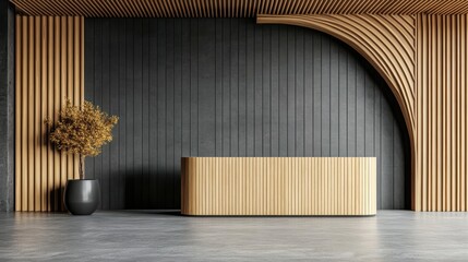 Modern reception area featuring a sleek wooden desk against a dark wall with elegant wood paneling, Ideal for interior design, architecture, and corporate branding projects,