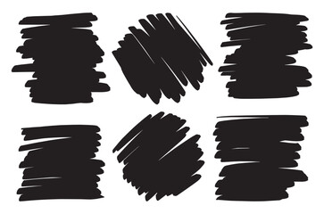 Hand drawn marker strokes and stains vector set. Black paint blob brush grunge banner shape, ink brush strokes, dirty artistic frames. Street art texture scribble lines, crazy hatch, oval, ink blot 