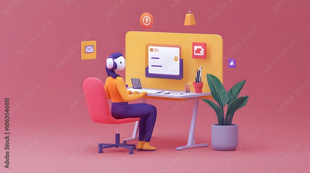 Poster lifestyle photo of a person sitting at a desk, surrounded by 2d digital notifications from a 3d ai a