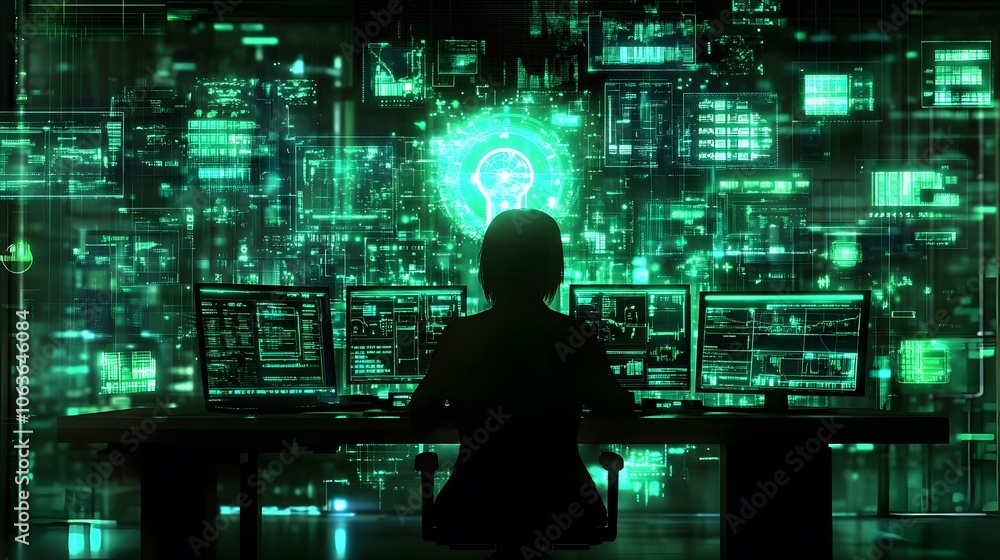 Poster lifestyle photo of a person sitting at a desk, surrounded by 2d digital notifications from a 3d ai a