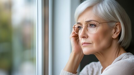 Fototapeta premium Evocative portrait of a middle aged woman deep in contemplation, highlighting the subtle nuances of her facial expression and body language.