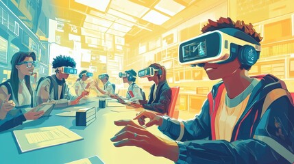 People wearing VR headsets around a table.