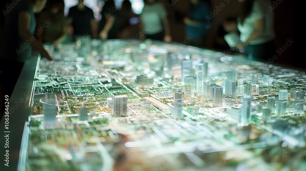 Poster lifestyle photo of friends exploring a 3d city model powered by ai, with 2d travel suggestions and w