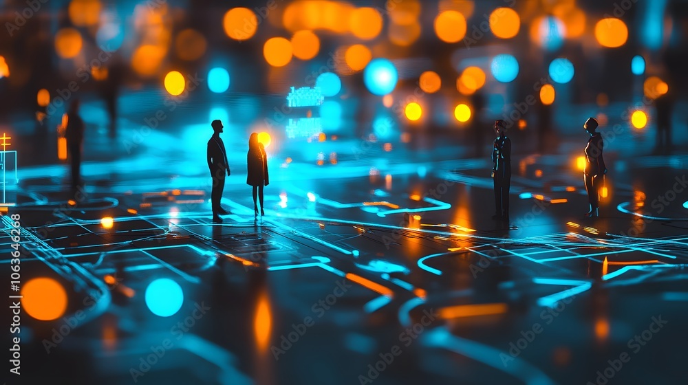 Poster lifestyle photo of friends exploring a 3d city model powered by ai, with 2d travel suggestions and w