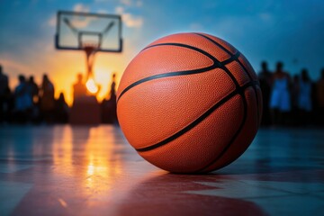 Basketball on a Court with Blurred Background of Sunset, People, and Hoop