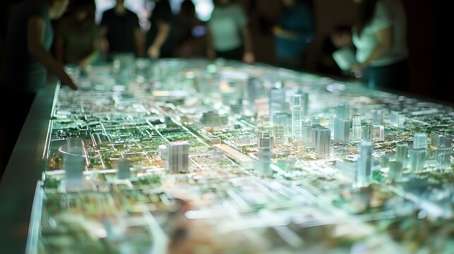 Lifestyle photo of friends exploring a 3D city model powered by AI, with 2D travel suggestions and weather conditions overlayed, blending urban planning with experiential data, 4k resolution