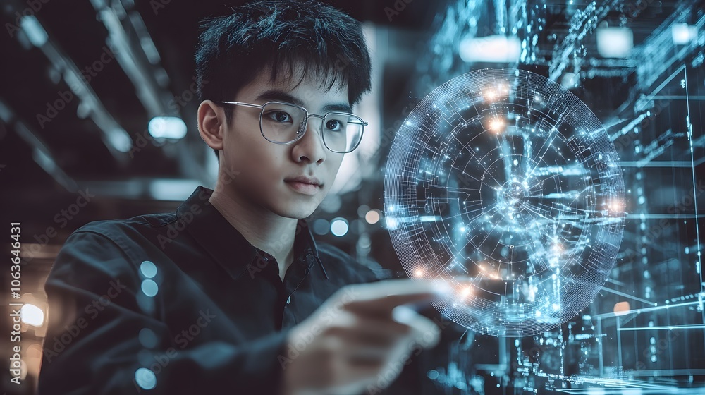 Poster Candid photo of a student learning geometry through a 3D AI visual model with 2D measurement tools displayed, blending spatial understanding with smart technology, 4k resolution