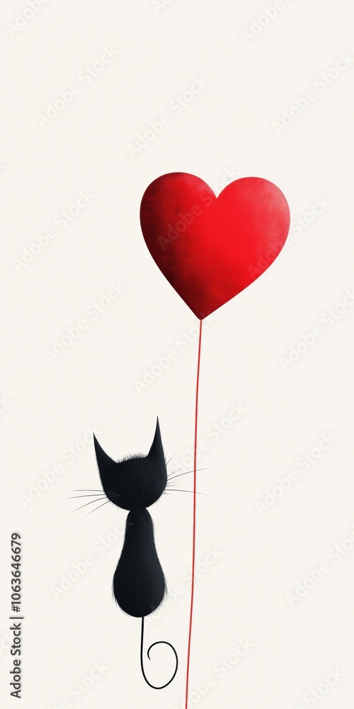 Poster a cat is sitting on a red heart with a red balloon. the cat is looking up at the balloon, which is f