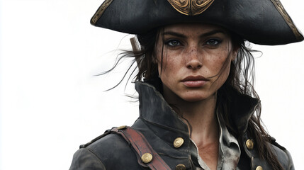 Fototapeta premium Confident woman in captain's attire with a serious expression on a white background