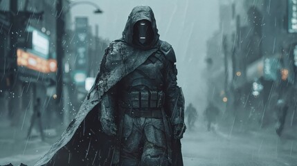 A mysterious figure in futuristic armor and a hooded cloak walks through a rainy, dystopian cityscape. The faceless mask emits a faint glow, adding to the ominous atmosphere