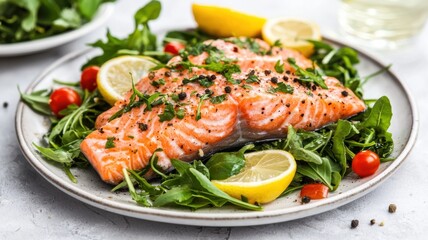A plate of salmon and greens with lemon slices on top