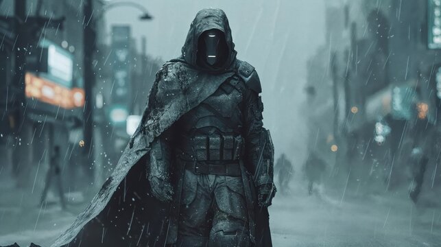 A mysterious figure in futuristic armor and a hooded cloak walks through a rainy, dystopian cityscape. The faceless mask emits a faint glow, adding to the ominous atmosphere